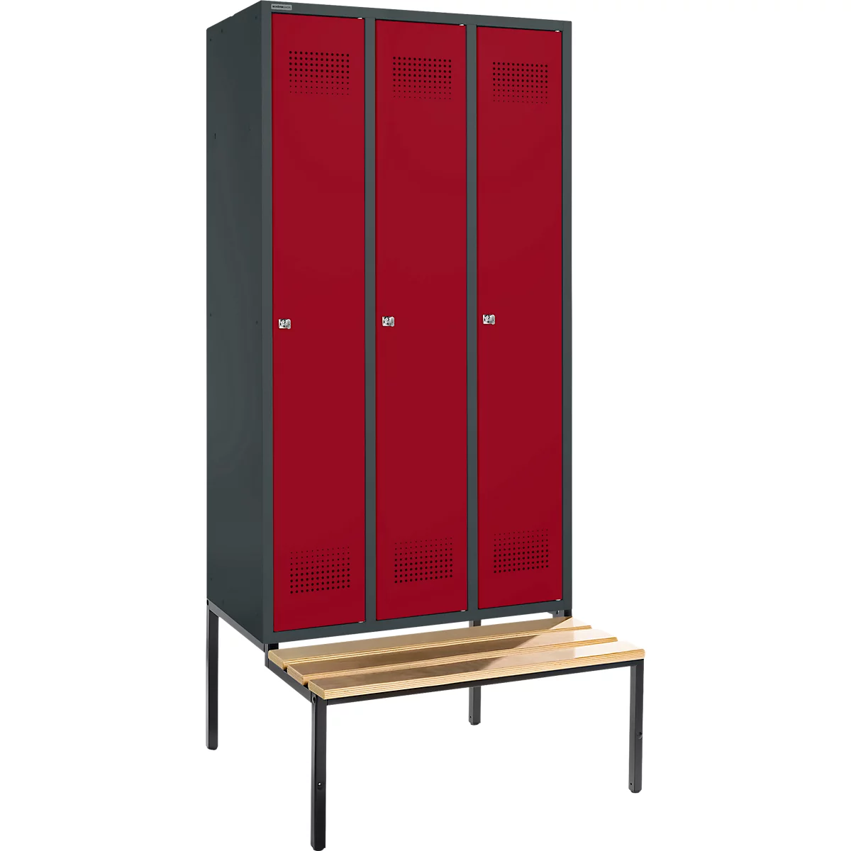 Schäfer Shop Genius Armoire à linge avec banquette, 3 compartiments, largeur de compartiment 300 mm, serrure à cylindre, anthracite/rouge rubis