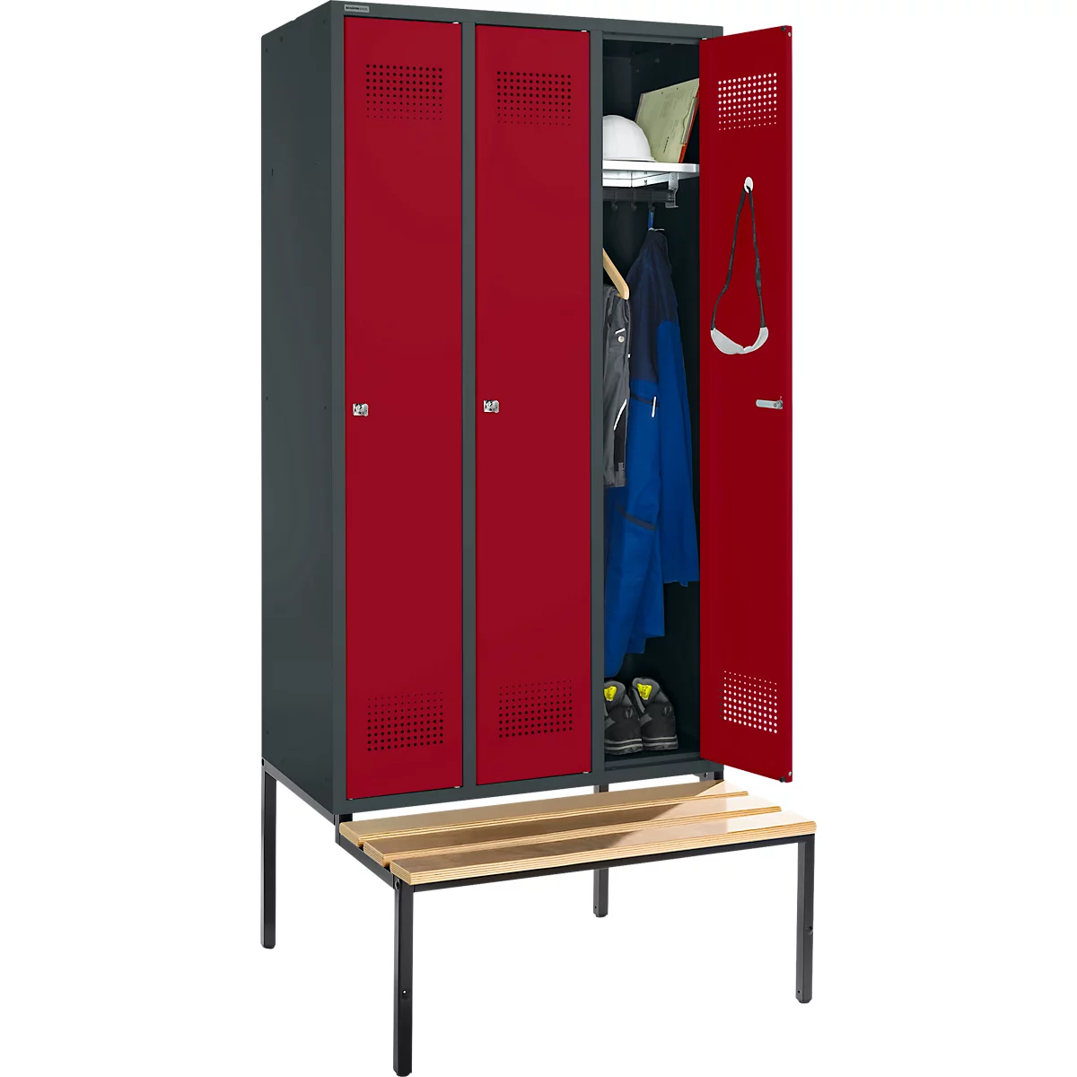 Schäfer Shop Genius Armoire à linge avec banquette, 3 compartiments, largeur de compartiment 300 mm, serrure à cylindre, anthracite/rouge rubis