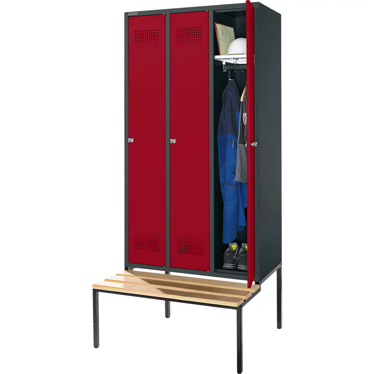 Schäfer Shop Genius Armoire à linge avec banquette, 3 compartiments, largeur de compartiment 300 mm, serrure à cylindre, anthracite/rouge rubis