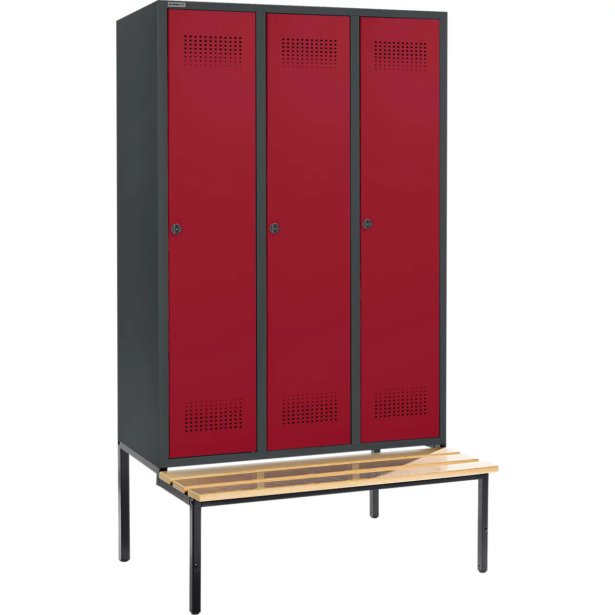 Schäfer Shop Genius Armoire à linge avec banquette, 3 compartiments, largeur de compartiment 400 mm, verrou de sécurité, anthracite/rouge rubis