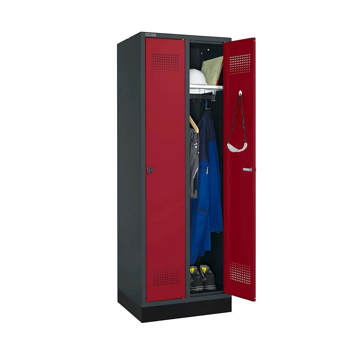 Schäfer Shop Genius Armoire à linge avec base, 2 compartiments, largeur de compartiment 300 mm, verrou de sécurité, anthracite/rouge rubis