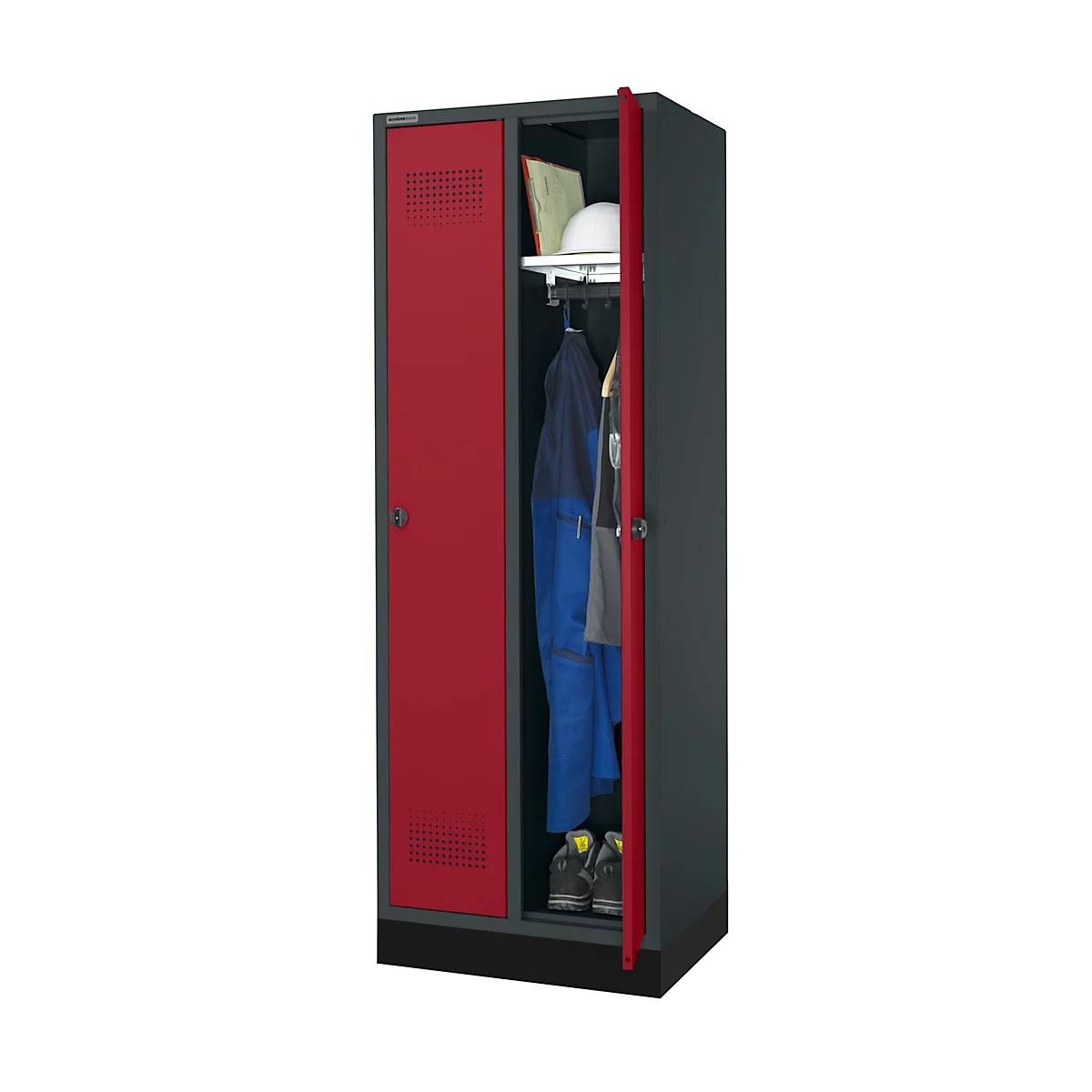 Schäfer Shop Genius Armoire à linge avec base, 2 compartiments, largeur de compartiment 300 mm, verrou de sécurité, anthracite/rouge rubis