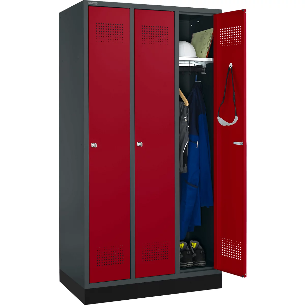 Schäfer Shop Genius Armoire à linge avec base, 3 compartiments, largeur de compartiment 300 mm, serrure à cylindre, anthracite/rouge rubis