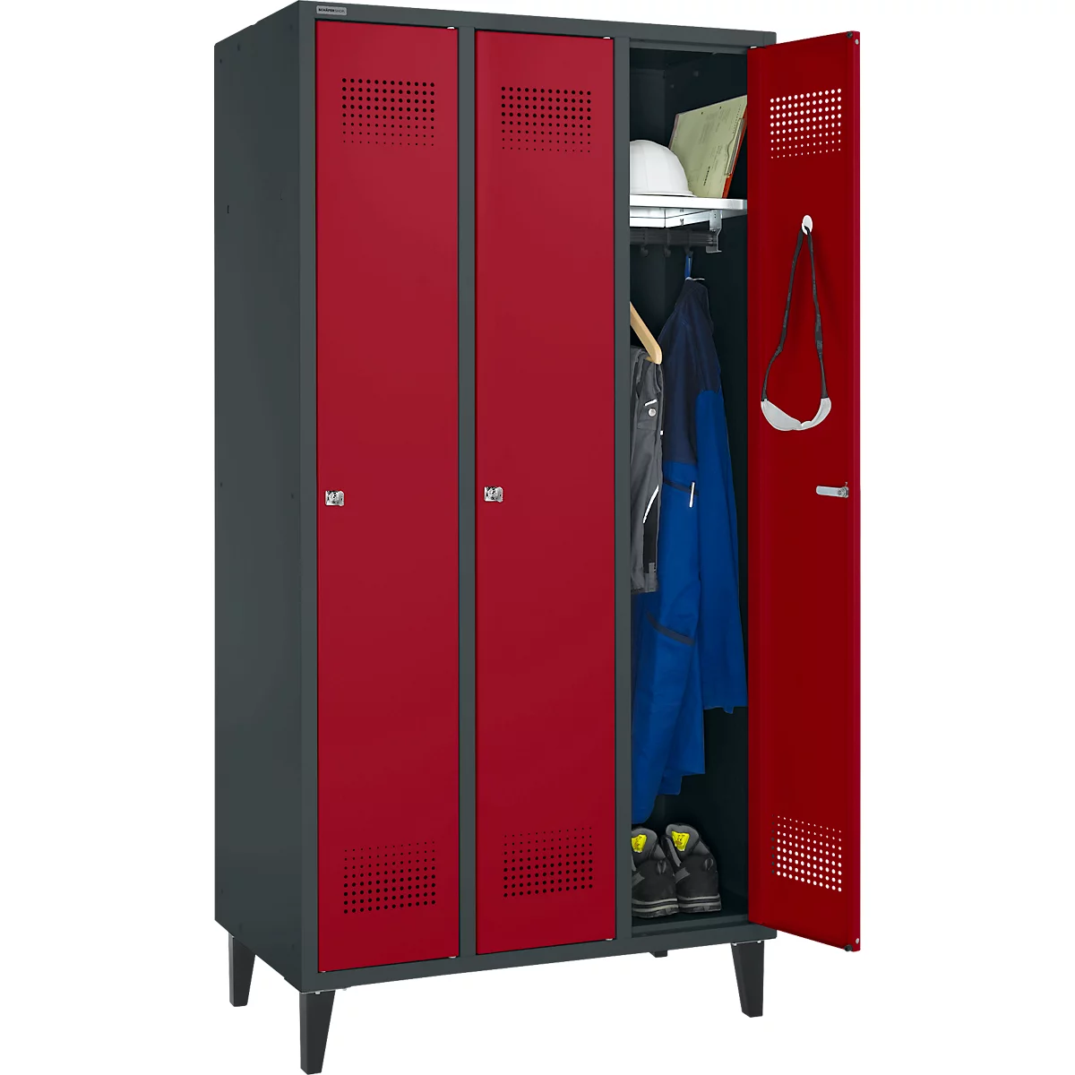 Schäfer Shop Genius Armoire à linge avec pieds, 3 compartiments, largeur de compartiment 300 mm, serrure à cylindre, anthracite/rouge rubis