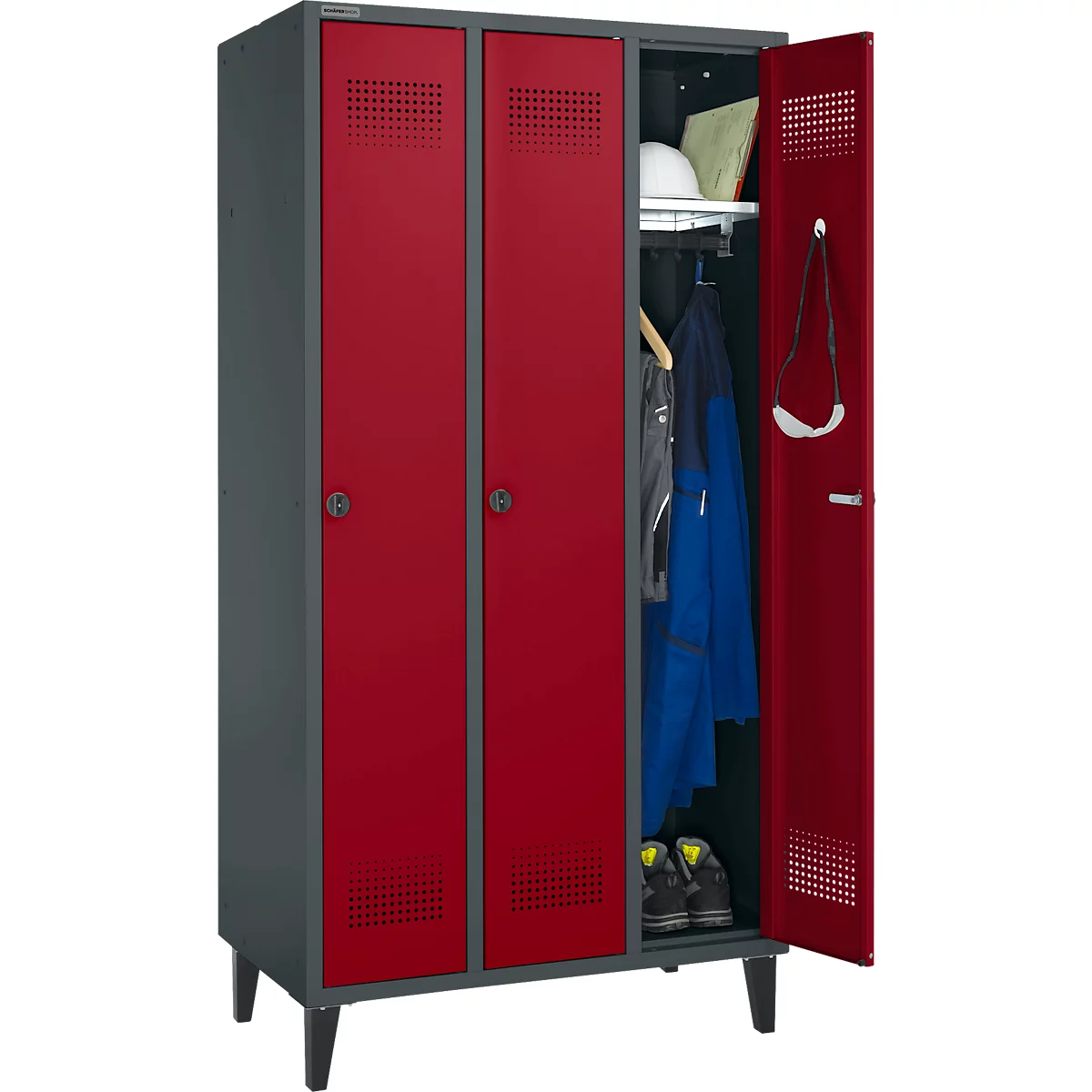 Schäfer Shop Genius Armoire à linge avec pieds, 3 compartiments, largeur de compartiment 300 mm, verrou de sécurité, anthracite/rouge rubis