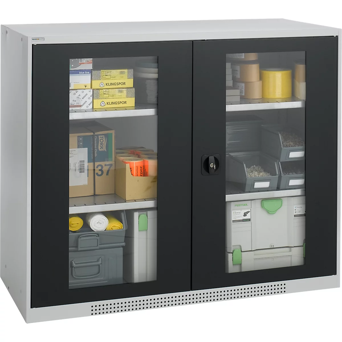 Schäfer Shop Genius Armoire à portes apparentes FS, acier, avec trous d'aération, L 1343 x P 430 x H 1105 mm, 3 HC, blanc-aluminium/gris anthracite, jusqu'à 450 kg