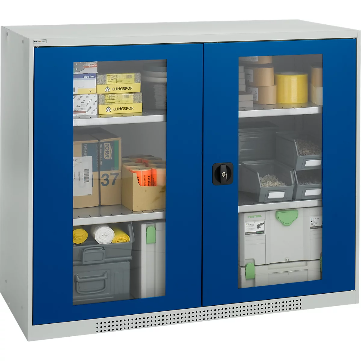 Schäfer Shop Genius Armoire à portes apparentes FS, acier, avec trous d'aération, L 1343 x P 430 x H 1105 mm, 3 HC, gris clair/bleu gentiane, jusqu'à 450 kg