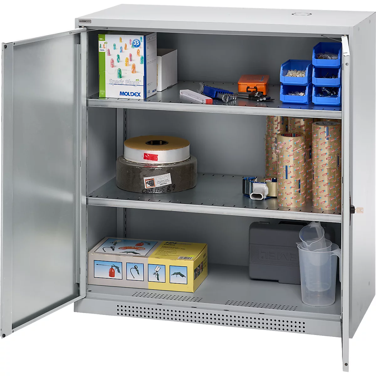 Schäfer Shop Genius Armoire à portes battantes FS, acier, avec trous d'aération, L 1055 x P 420 x H 1105 mm, 3 HC, aluminium blanc/aluminium blanc, jusqu'à 450 kg