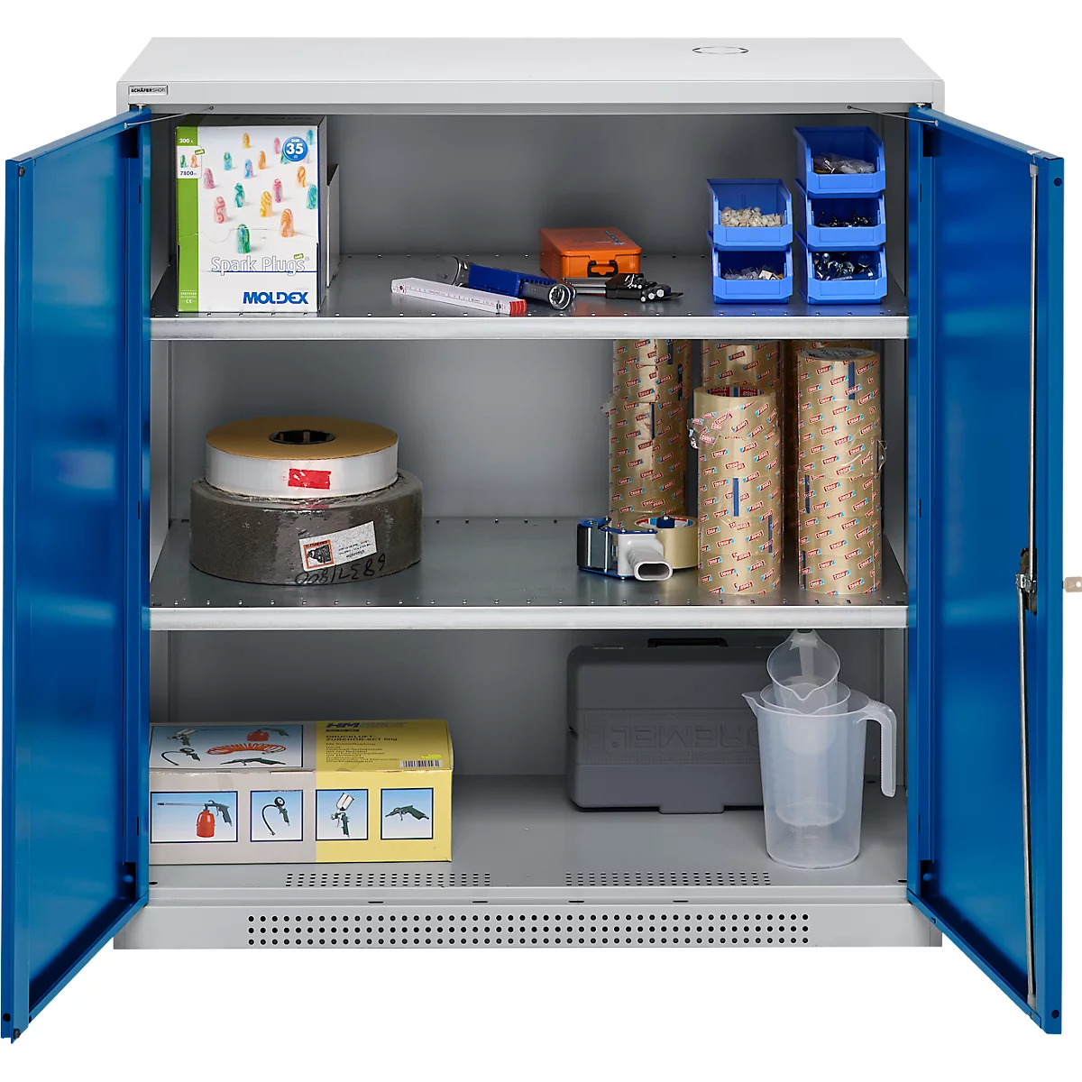 Schäfer Shop Genius Armoire à portes battantes FS, acier, avec trous d'aération, L 1055 x P 420 x H 1105 mm, 3 HC, blanc aluminium/bleu enzyme, jusqu'à 450 kg