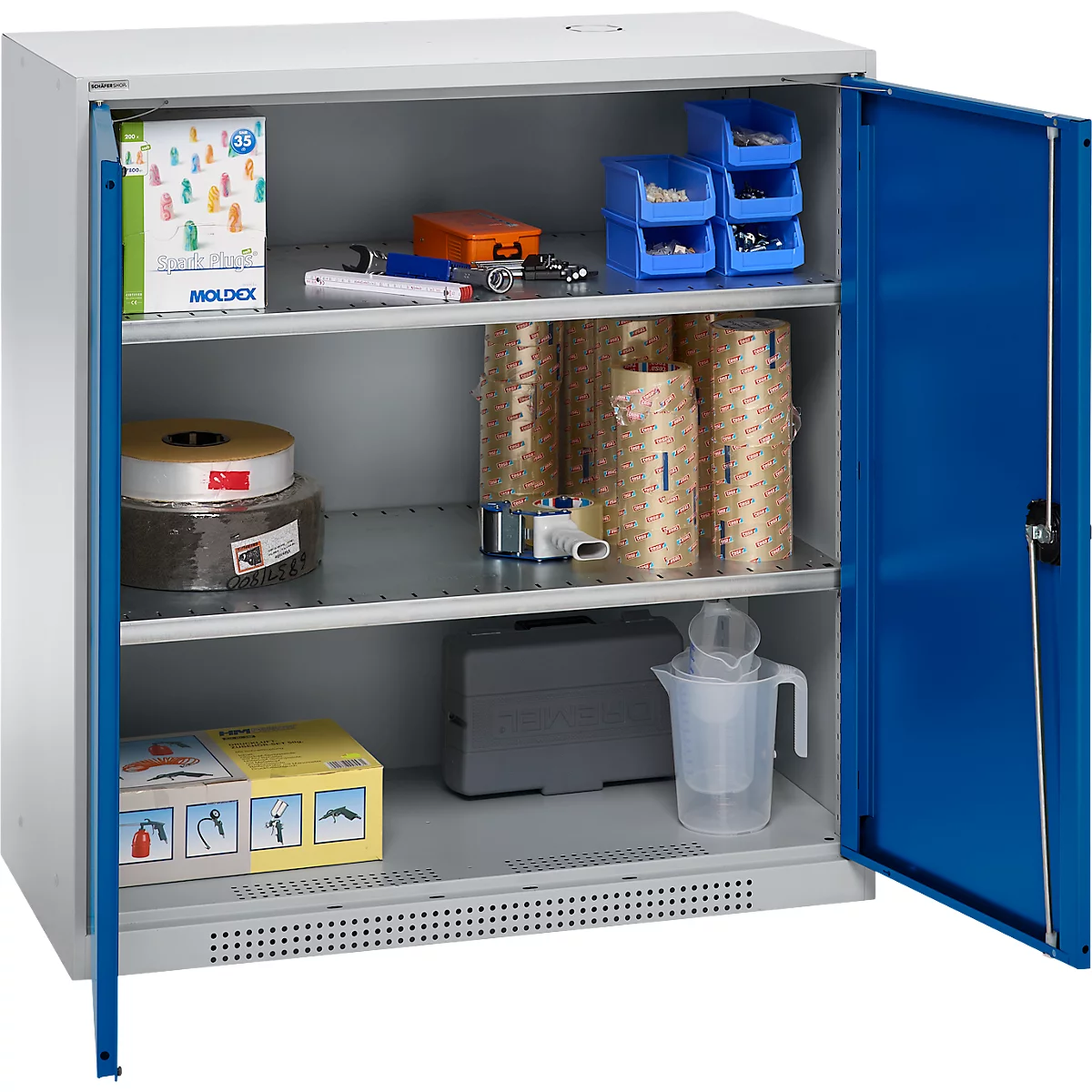 Schäfer Shop Genius Armoire à portes battantes FS, acier, avec trous d'aération, L 1055 x P 420 x H 1105 mm, 3 HC, blanc aluminium/bleu enzyme, jusqu'à 450 kg