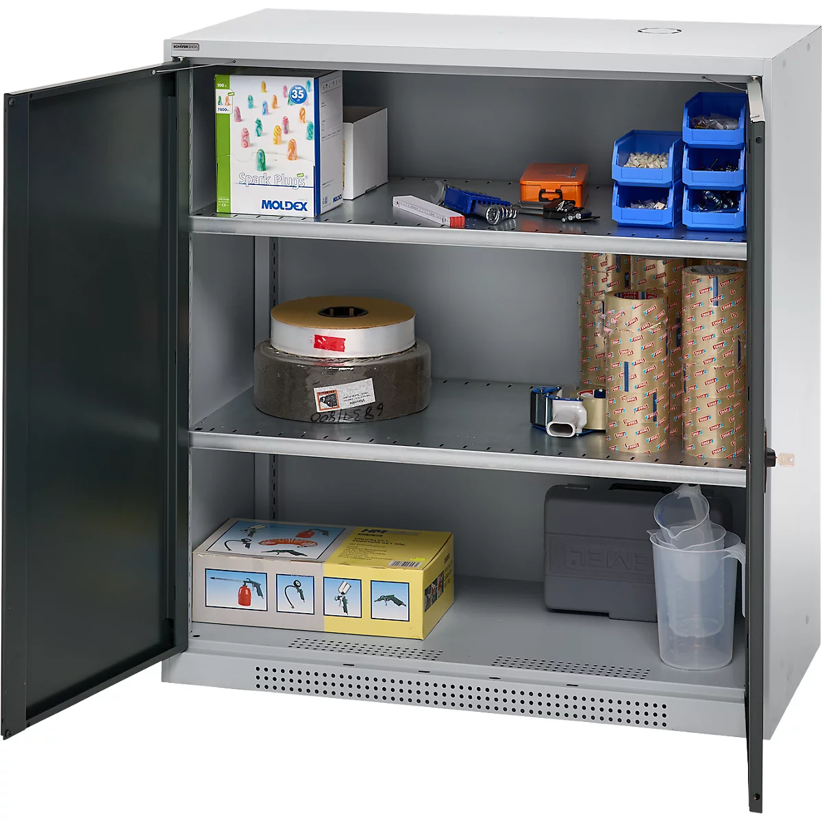 Schäfer Shop Genius Armoire à portes battantes FS, acier, avec trous d'aération, L 1055 x P 420 x H 1105 mm, 3 HC, blanc-aluminium/gris anthracite, jusqu'à 450 kg