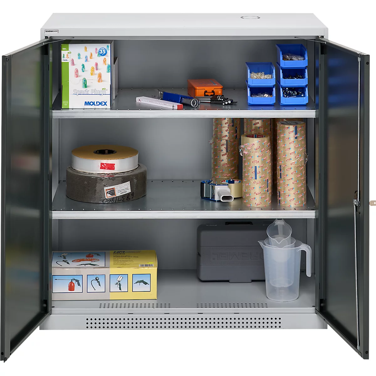 Schäfer Shop Genius Armoire à portes battantes FS, acier, avec trous d'aération, L 1055 x P 420 x H 1105 mm, 3 HC, blanc-aluminium/gris anthracite, jusqu'à 450 kg
