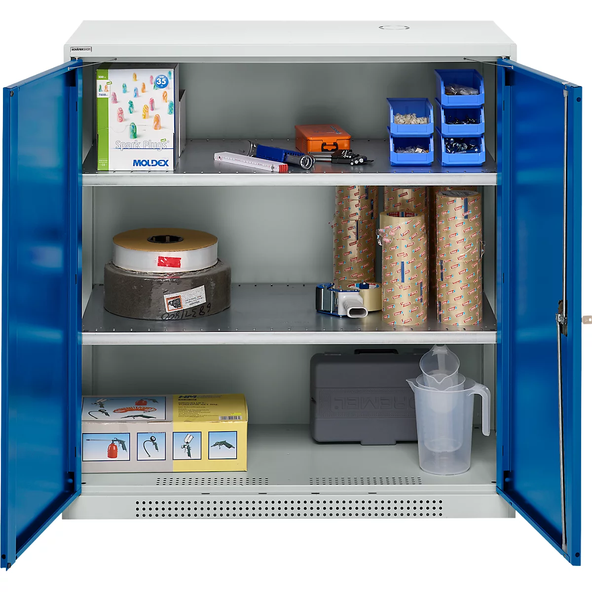 Schäfer Shop Genius Armoire à portes battantes FS, acier, avec trous d'aération, L 1055 x P 420 x H 1105 mm, 3 HC, gris clair/bleu gentiane, jusqu'à 450 kg