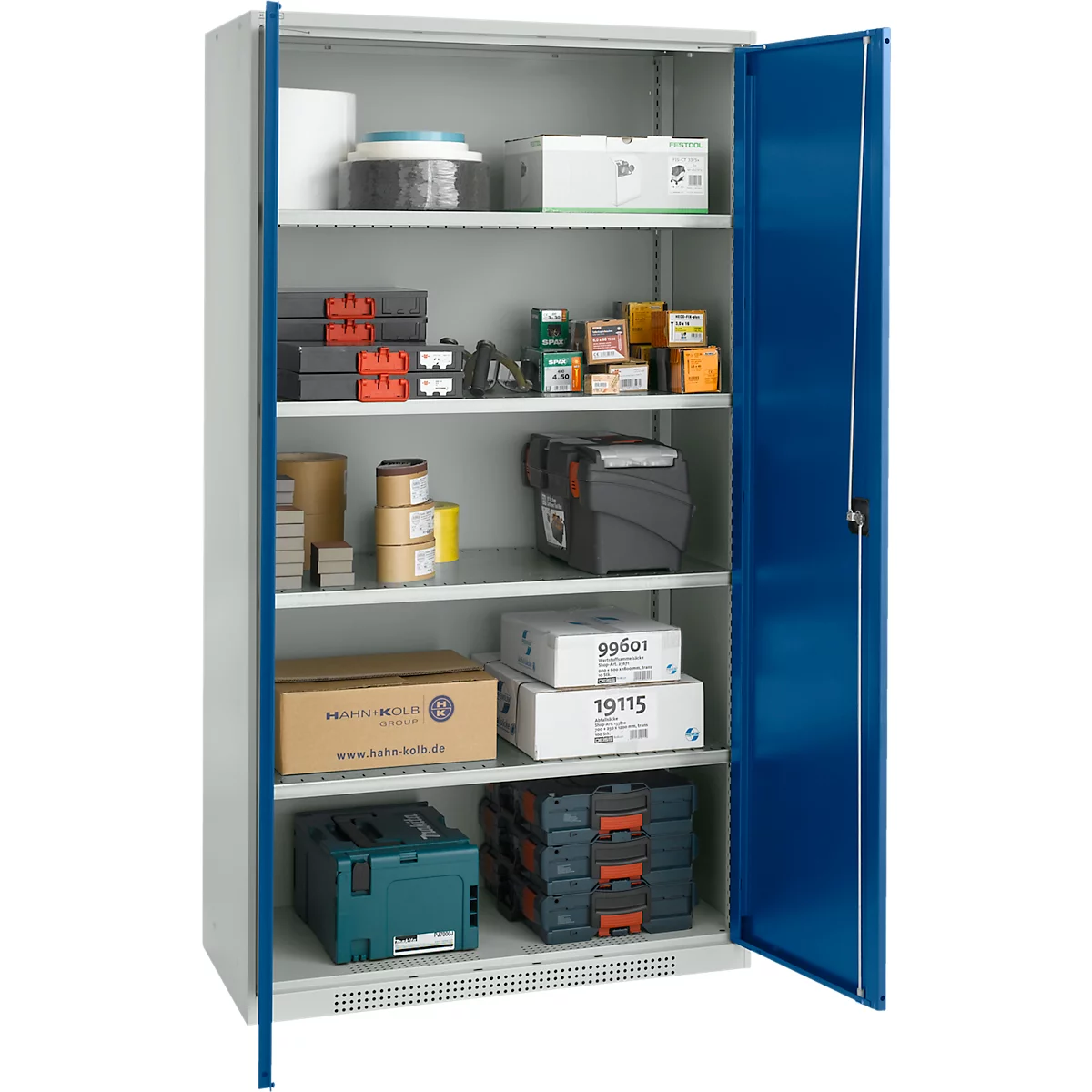 Schäfer Shop Genius Armoire à portes battantes FS, acier, avec trous d'aération, L 1055 x P 420 x H 1950 mm, 5 HC, gris clair/bleu gentiane, jusqu'à 450 kg