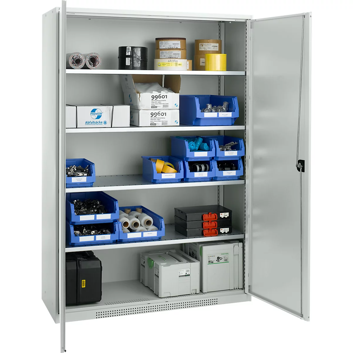 Schäfer Shop Genius Armoire à portes battantes FS, acier, avec trous d'aération, L 1343 x P 620 x H 1950 mm, 5 HC, gris clair/gris clair, jusqu'à 750 kg 