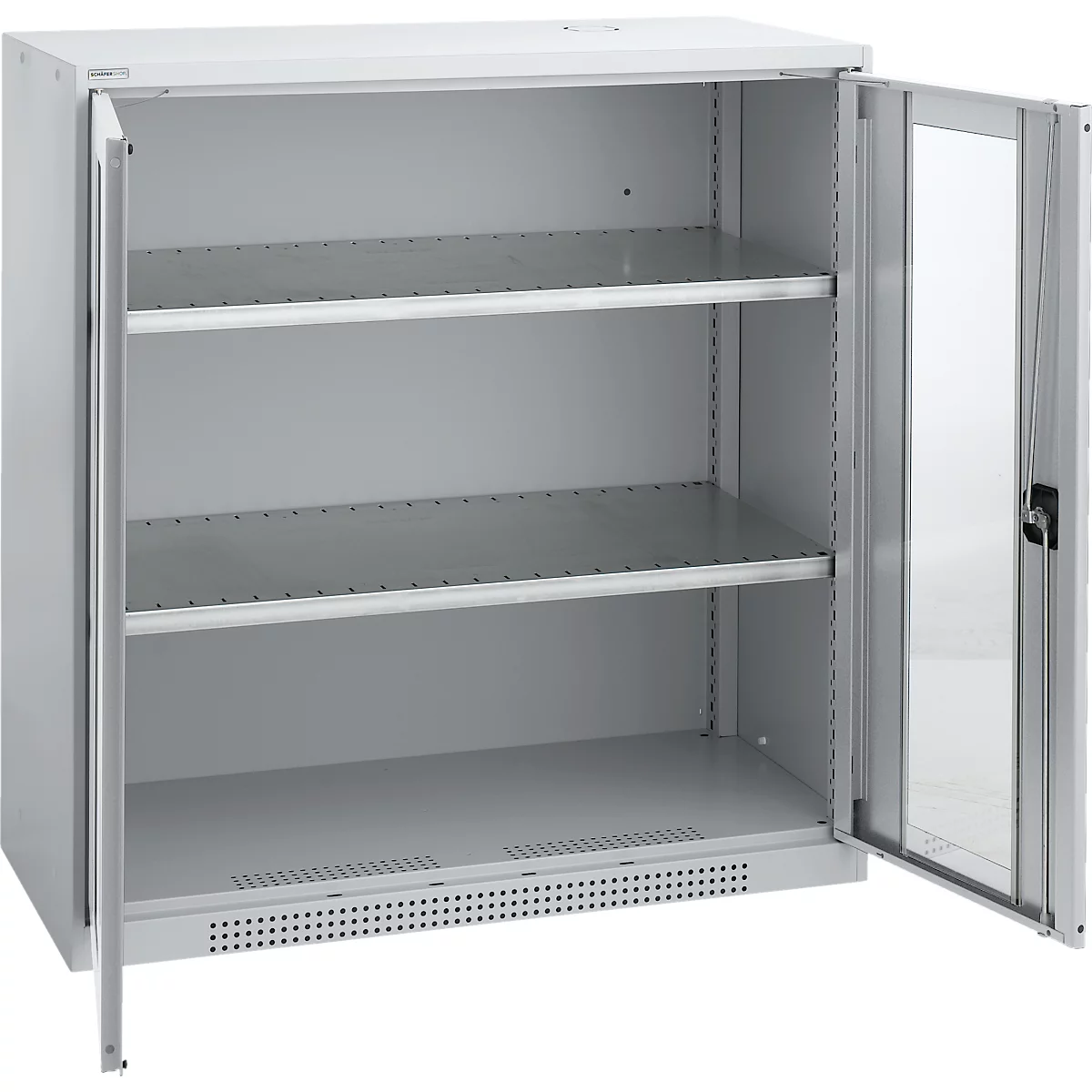 Schäfer Shop Genius Armoire à portes battantes FS, acier, fenêtre, trous d'aération, L 1055 x P 520 x H 1105 mm, 3 HC, alu blanc/alu blanc, jusqu'à 300 kg