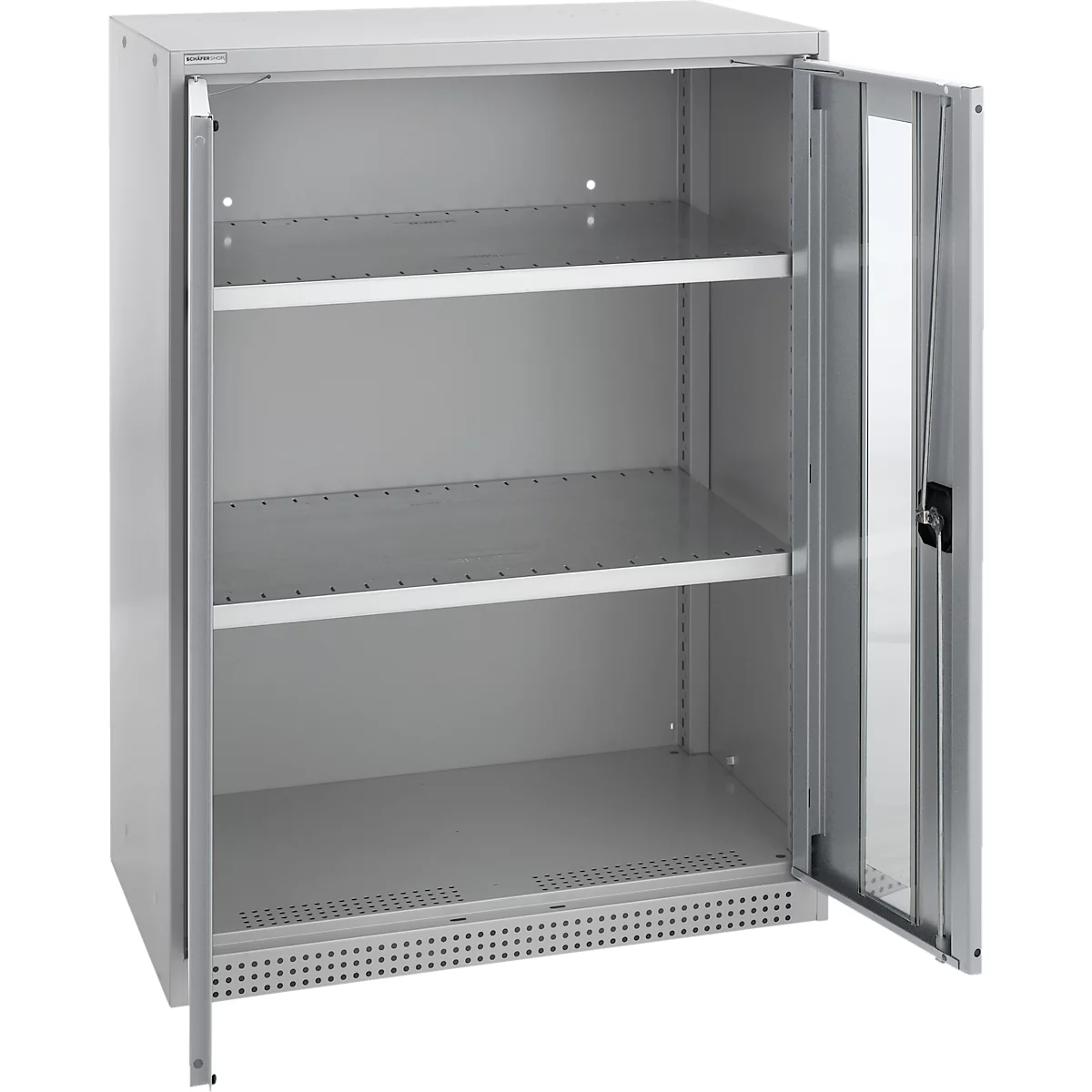 Schäfer Shop Genius Armoire à portes battantes FS, acier, fenêtre, trous d'aération, L 810 x P 520 x H 1105 mm, 3 HC, alu blanc/alu blanc, jusqu'à 180 kg