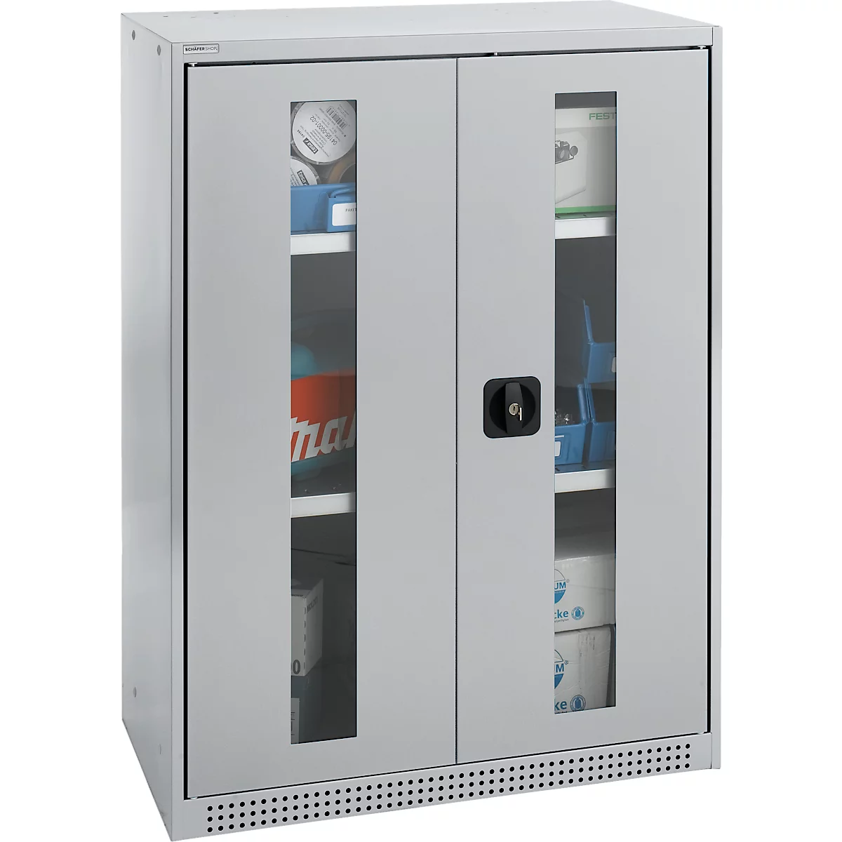 Schäfer Shop Genius Armoire à portes battantes FS, acier, fenêtre, trous d'aération, L 810 x P 520 x H 1105 mm, 3 HC, alu blanc/alu blanc, jusqu'à 180 kg