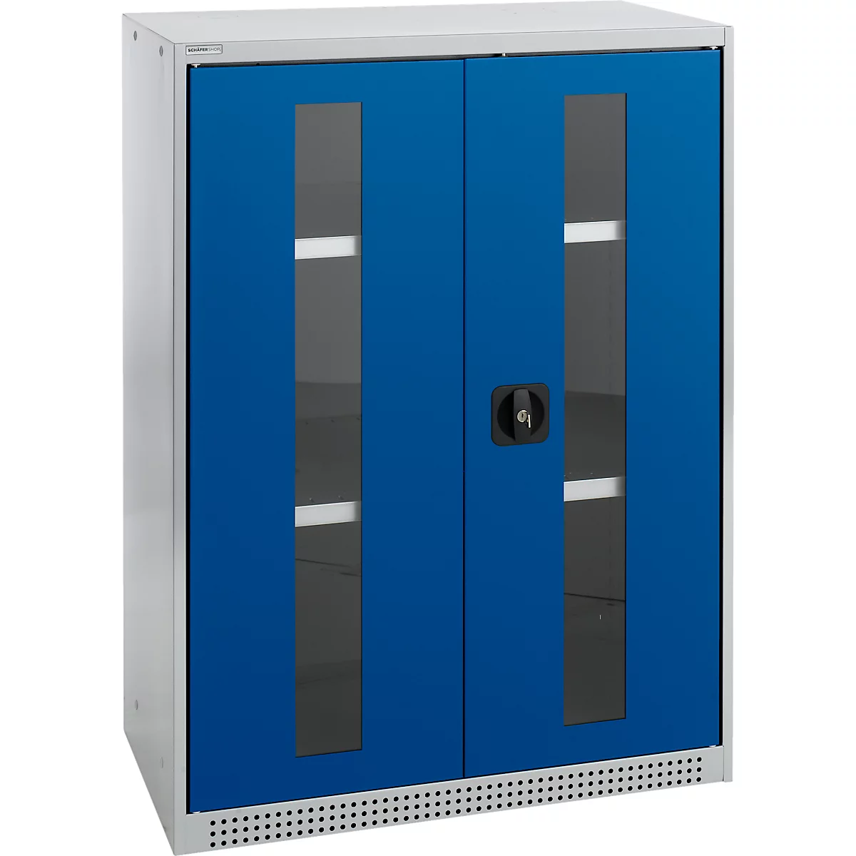 Schäfer Shop Genius Armoire à portes battantes FS, acier, fenêtre, trous d'aération, L 810 x P 520 x H 1105 mm, 3 HC, alu blanc/bleu gentiane, jusqu'à 180 kg