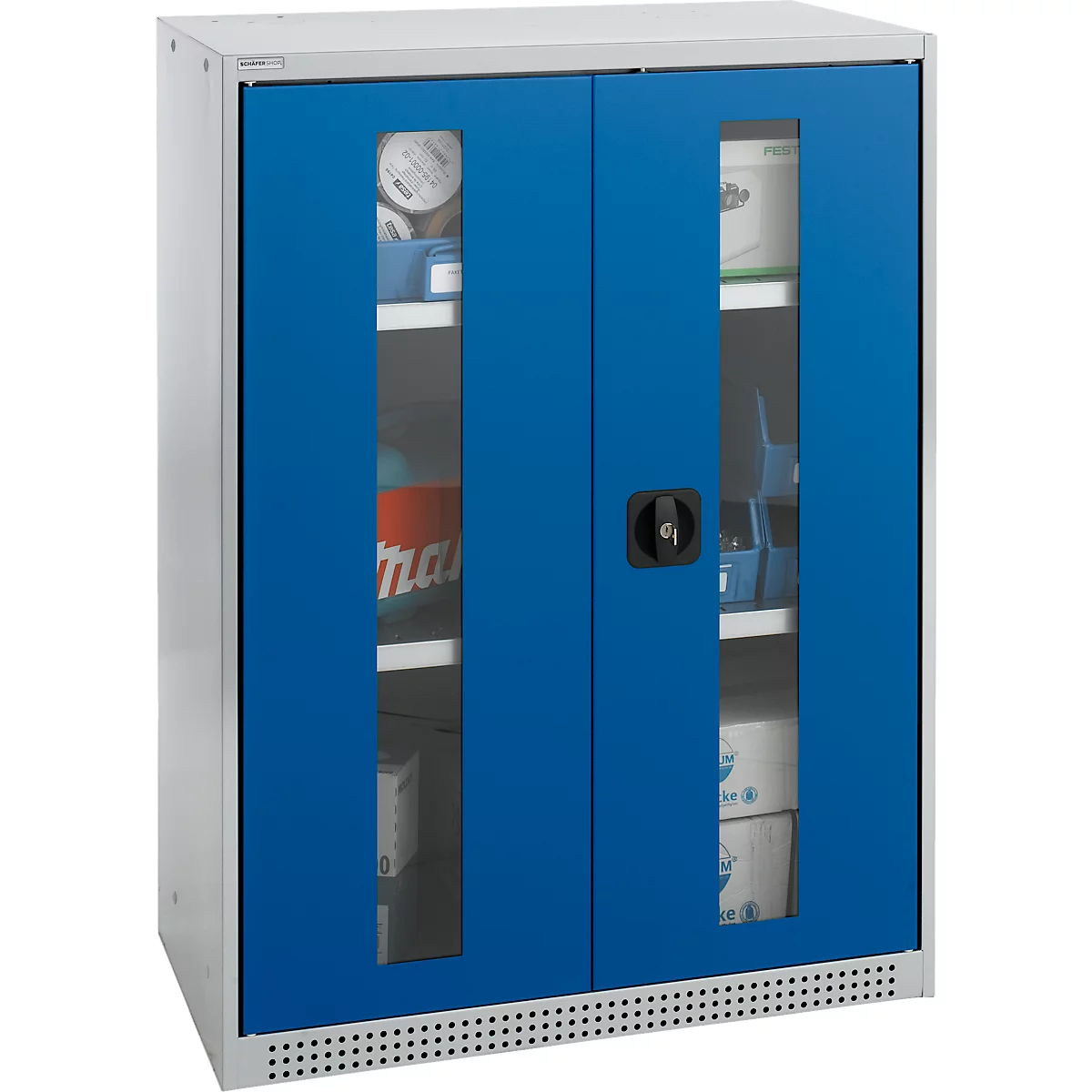 Schäfer Shop Genius Armoire à portes battantes FS, acier, fenêtre, trous d'aération, L 810 x P 520 x H 1105 mm, 3 HC, alu blanc/bleu gentiane, jusqu'à 180 kg