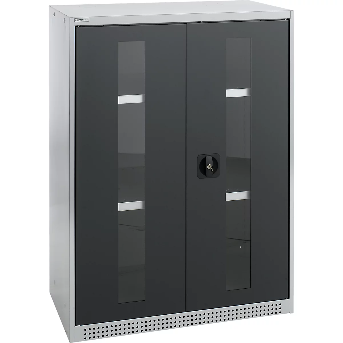 Schäfer Shop Genius Armoire à portes battantes FS, acier, fenêtre, trous d'aération, L 810 x P 520 x H 1105 mm, 3 HC, alu blanc/gris anthracite, jusqu'à 180 kg