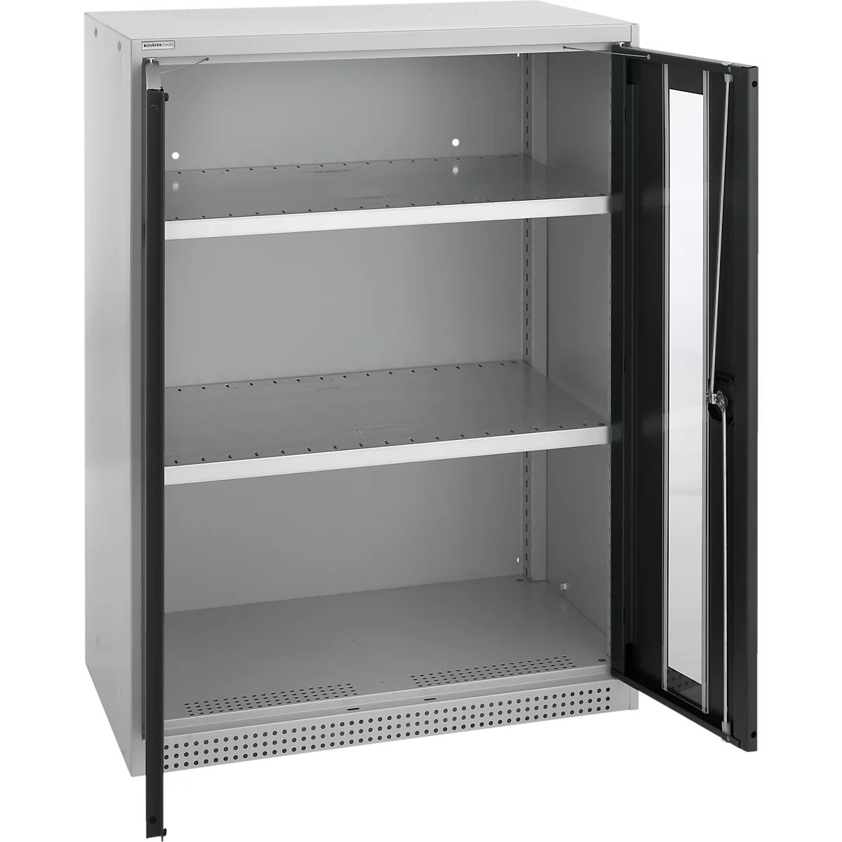 Schäfer Shop Genius Armoire à portes battantes FS, acier, fenêtre, trous d'aération, L 810 x P 520 x H 1105 mm, 3 HC, alu blanc/gris anthracite, jusqu'à 180 kg