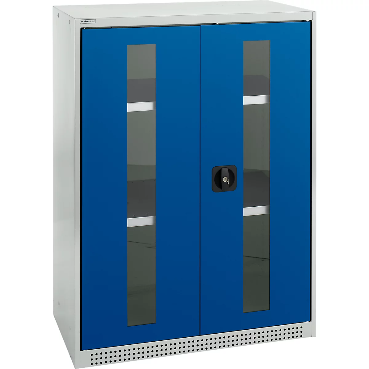 Schäfer Shop Genius Armoire à portes battantes FS, acier, fenêtre, trous d'aération, L 810 x P 520 x H 1105 mm, 3 HC, gris clair/bleu gentiane, jusqu'à 180 kg