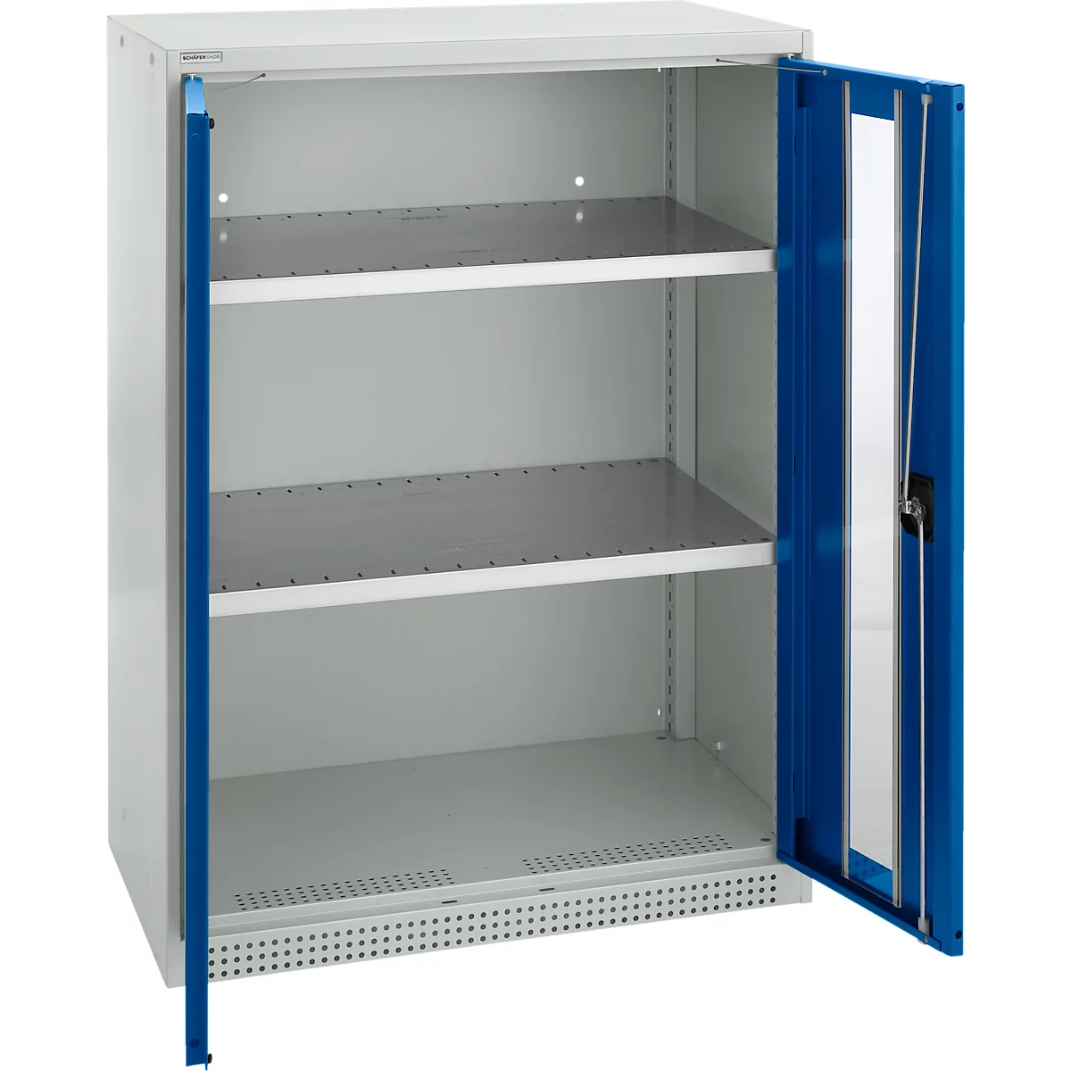Schäfer Shop Genius Armoire à portes battantes FS, acier, fenêtre, trous d'aération, L 810 x P 520 x H 1105 mm, 3 HC, gris clair/bleu gentiane, jusqu'à 180 kg