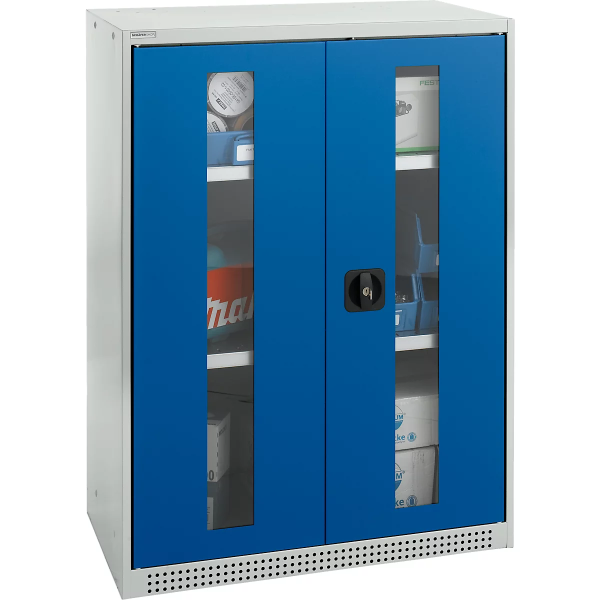 Schäfer Shop Genius Armoire à portes battantes FS, acier, fenêtre, trous d'aération, L 810 x P 520 x H 1105 mm, 3 HC, gris clair/bleu gentiane, jusqu'à 180 kg