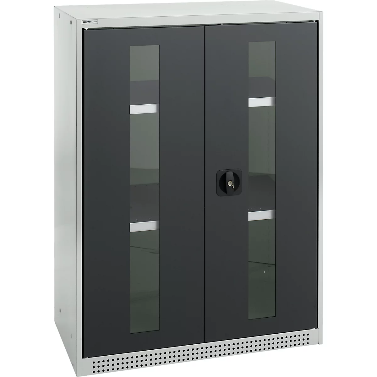 Schäfer Shop Genius Armoire à portes battantes FS, acier, fenêtre, trous d'aération, L 810 x P 520 x H 1105 mm, 3 HC, gris clair/gris anthracite, jusqu'à 180 kg