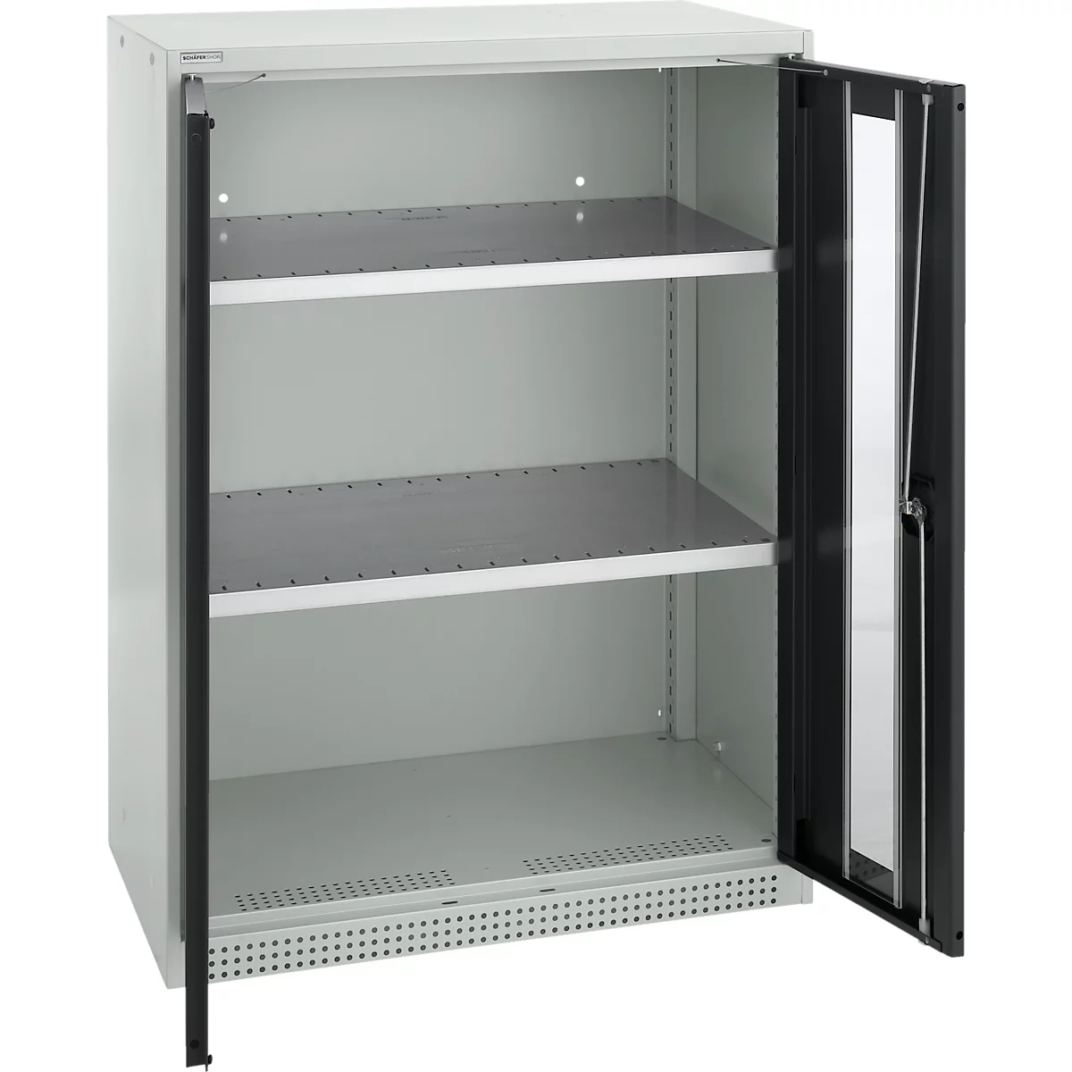 Schäfer Shop Genius Armoire à portes battantes FS, acier, fenêtre, trous d'aération, L 810 x P 520 x H 1105 mm, 3 HC, gris clair/gris anthracite, jusqu'à 180 kg
