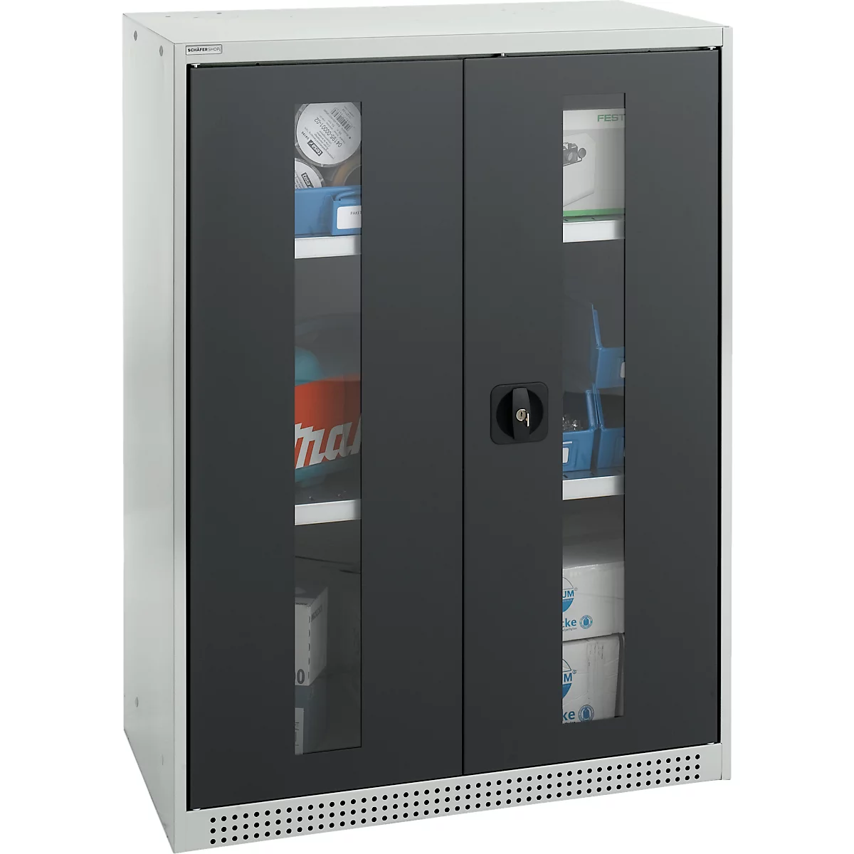 Schäfer Shop Genius Armoire à portes battantes FS, acier, fenêtre, trous d'aération, L 810 x P 520 x H 1105 mm, 3 HC, gris clair/gris anthracite, jusqu'à 180 kg