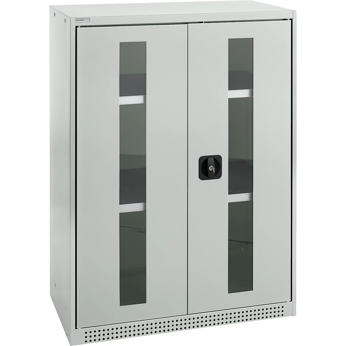 Schäfer Shop Genius Armoire à portes battantes FS, acier, fenêtre, trous d'aération, L 810 x P 520 x H 1105 mm, 3 HC, gris clair/gris clair, jusqu'à 180 kg