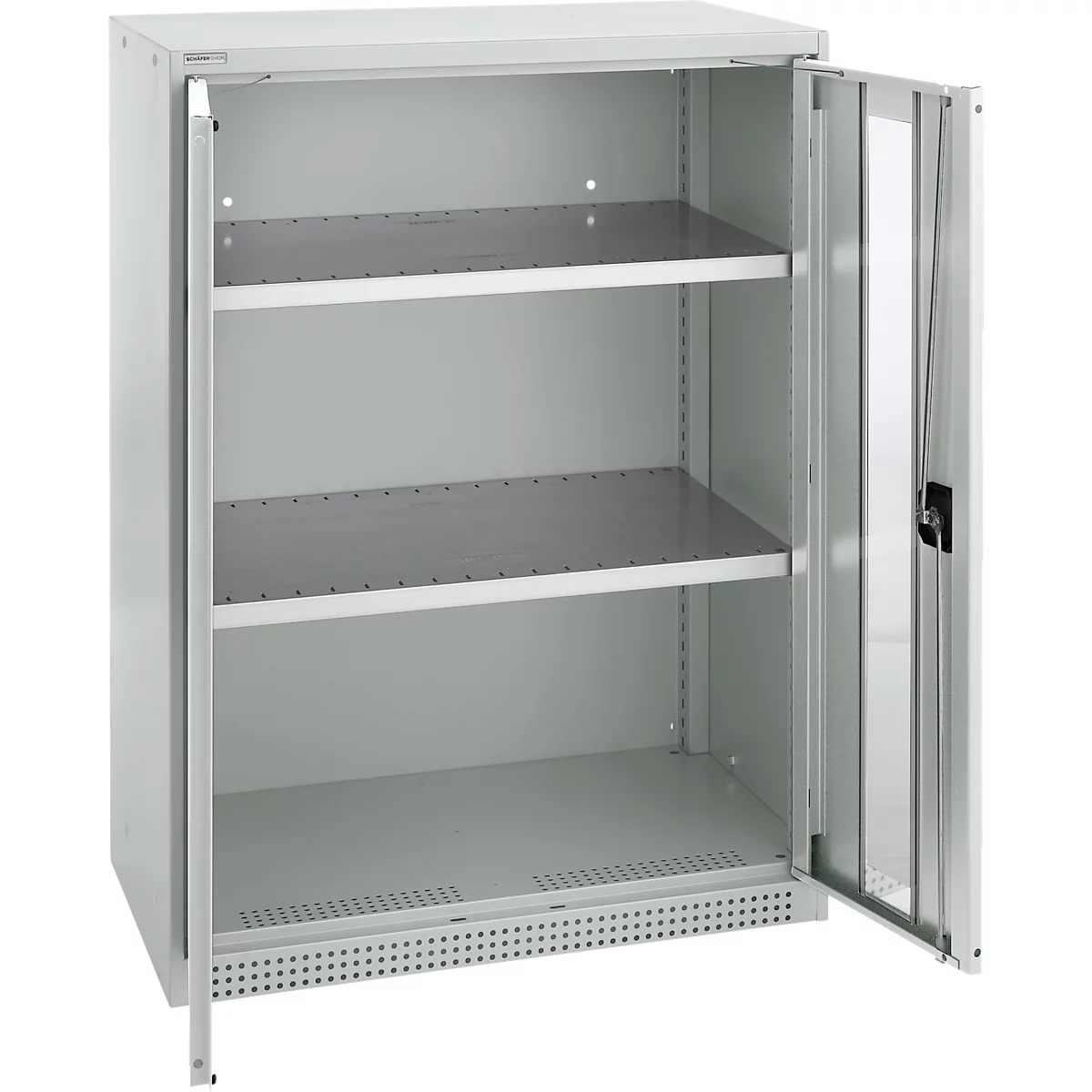 Schäfer Shop Genius Armoire à portes battantes FS, acier, fenêtre, trous d'aération, L 810 x P 520 x H 1105 mm, 3 HC, gris clair/gris clair, jusqu'à 180 kg