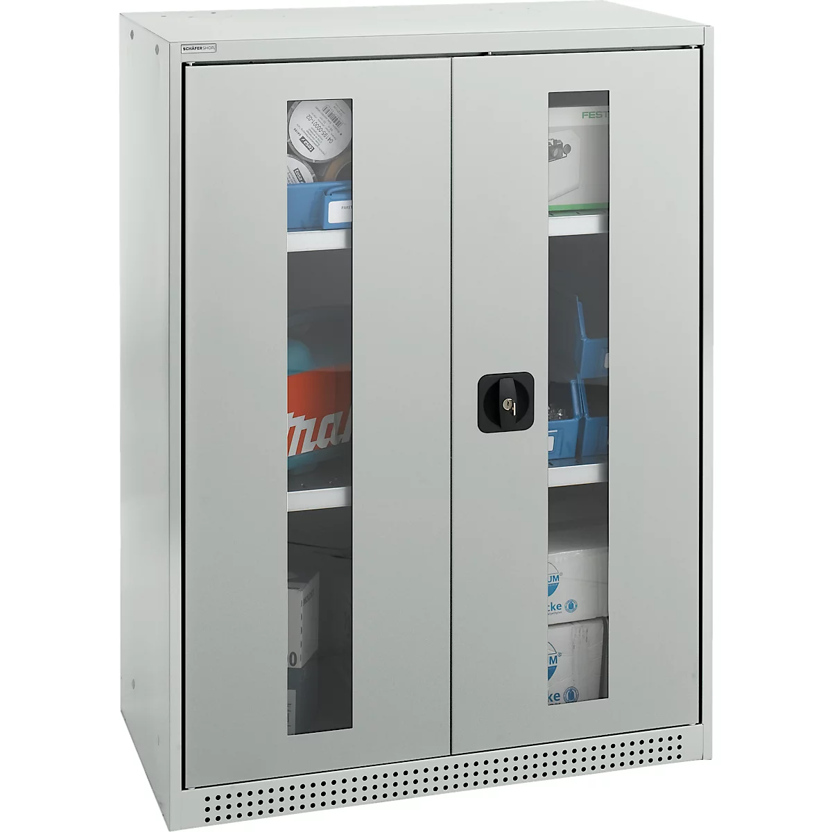 Schäfer Shop Genius Armoire à portes battantes FS, acier, fenêtre, trous d'aération, L 810 x P 520 x H 1105 mm, 3 HC, gris clair/gris clair, jusqu'à 180 kg