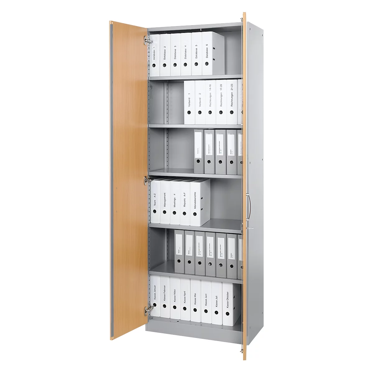 Schäfer Shop Genius Armoire à portes battantes TETRIS SOLID, corps en acier, 6 HC, l. 800 mm, verrouillable, coloris hêtre/alu blanc 