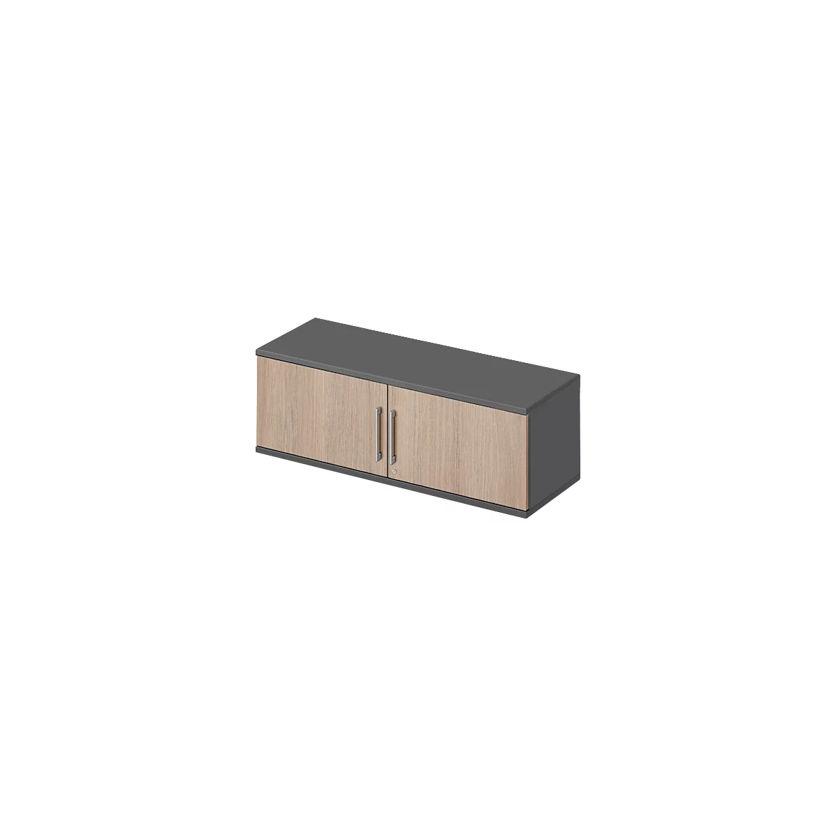 Armoire suspendue, effet bois gris-brun, deux portes, poignées argentées.