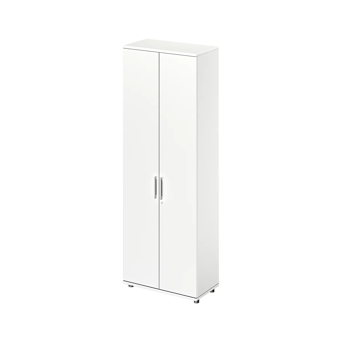 Armoire blanche avec deux portes et poignées argentées sur fond blanc.