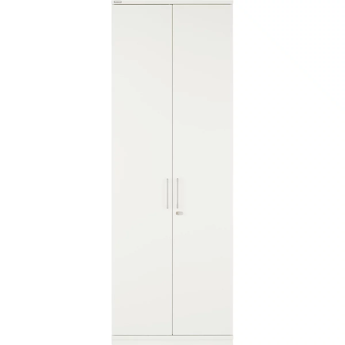 Armoire blanche à deux portes, poignées argentées et trou de serrure.