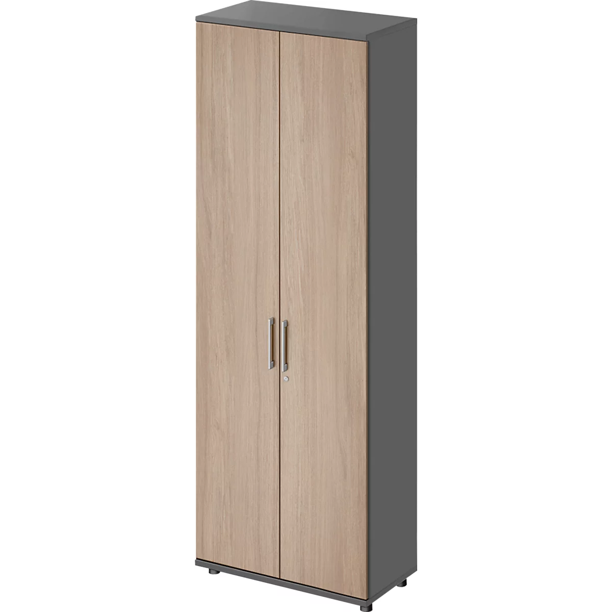 Armoire en bois avec deux portes, couvercle gris et poignées.