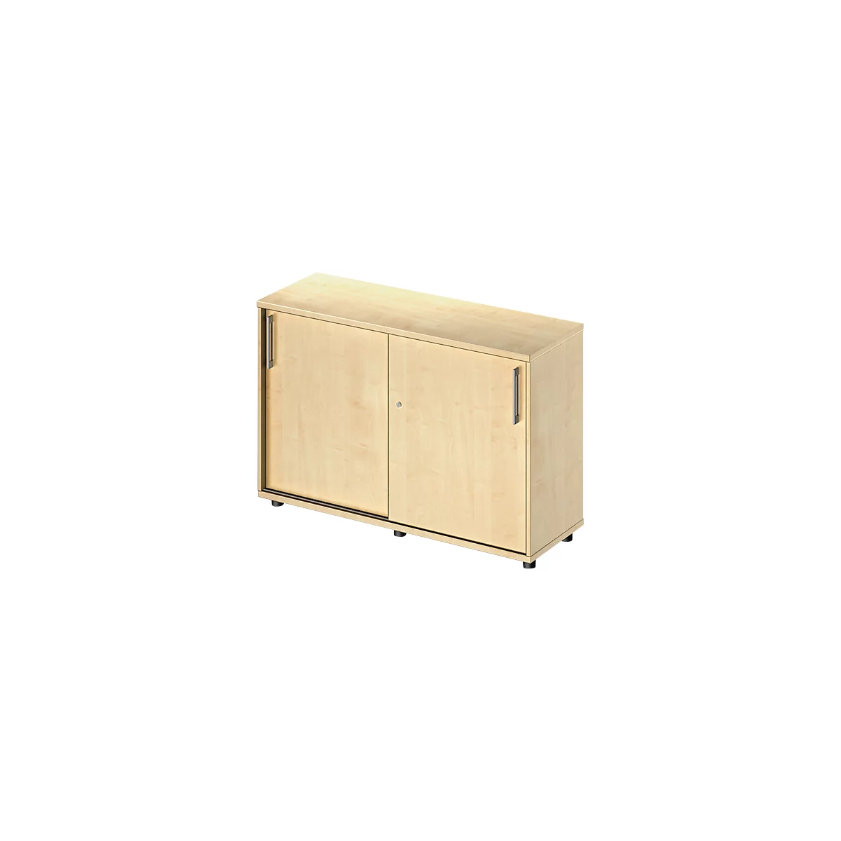 Armoire marron clair avec deux portes coulissantes, poignées métalliques et petite serrure.