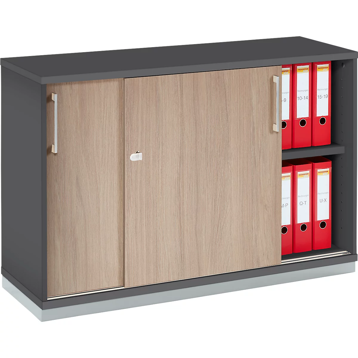 Schäfer Shop Genius Armoire à portes coulissantes TETRIS WOOD, 2 HC, socle en acier inclus, L 1200 x P 421 x H 800 mm, graphite/chêne