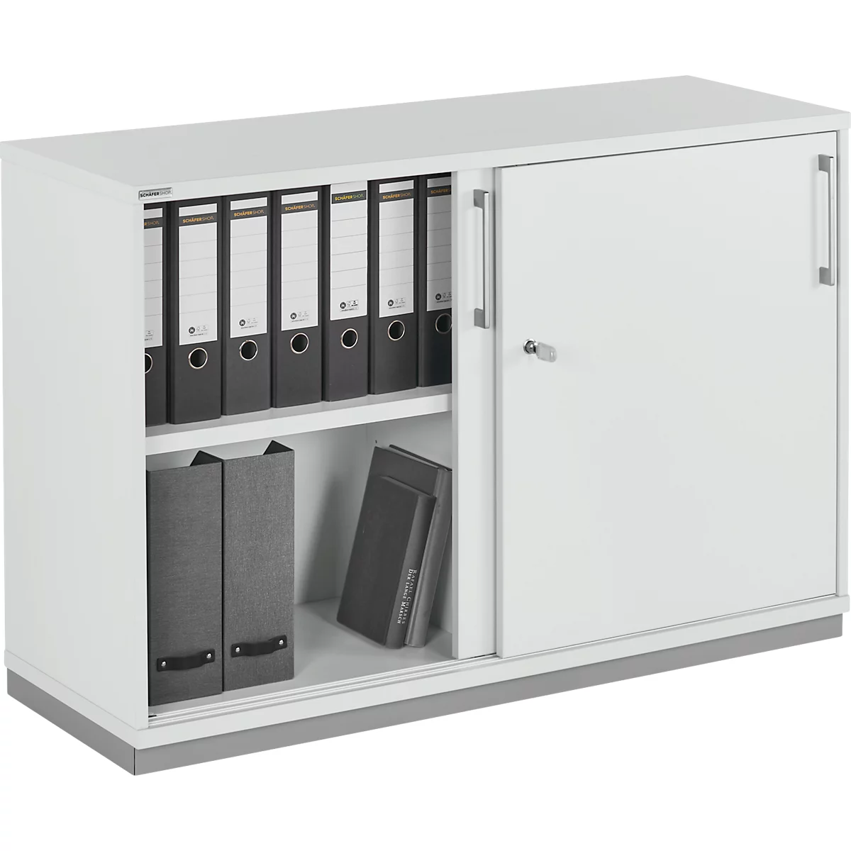Schäfer Shop Genius Armoire à portes coulissantes TETRIS WOOD, 2 HC, socle en acier inclus, L 1200 x P 421 x H 800 mm, gris clair
