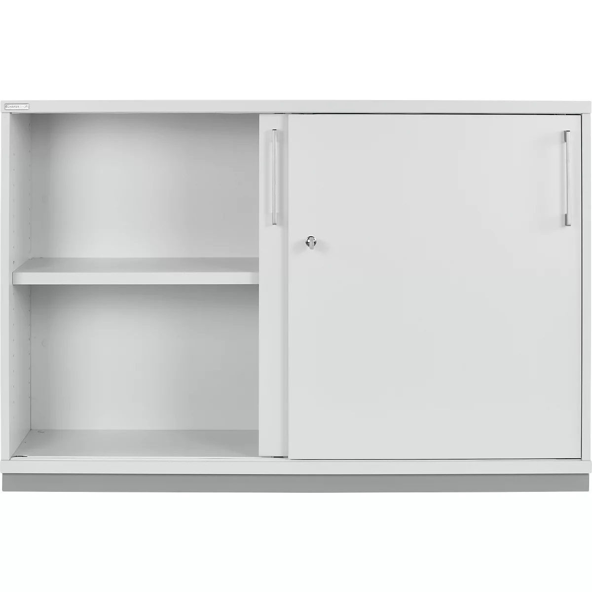 Schäfer Shop Genius Armoire à portes coulissantes TETRIS WOOD, 2 HC, socle en acier inclus, L 1200 x P 421 x H 800 mm, gris clair