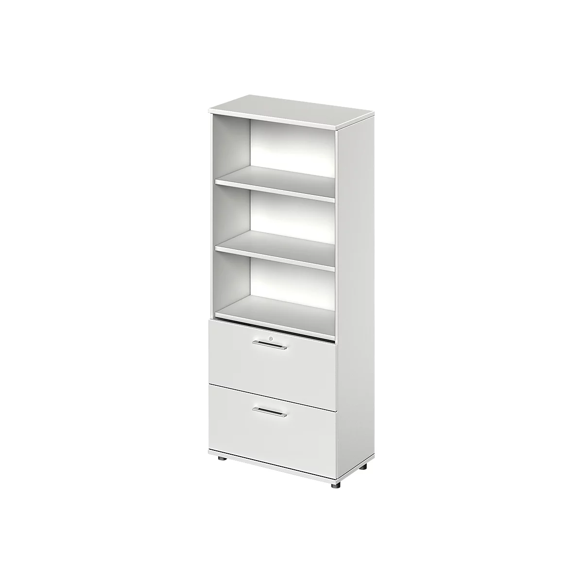 Schäfer Shop Genius Armoire combinée TETRIS WOOD, 5 HC, H 1910 mm, 2 tiroirs à dossiers suspendus, hauteur (patins inclus), gris clair
