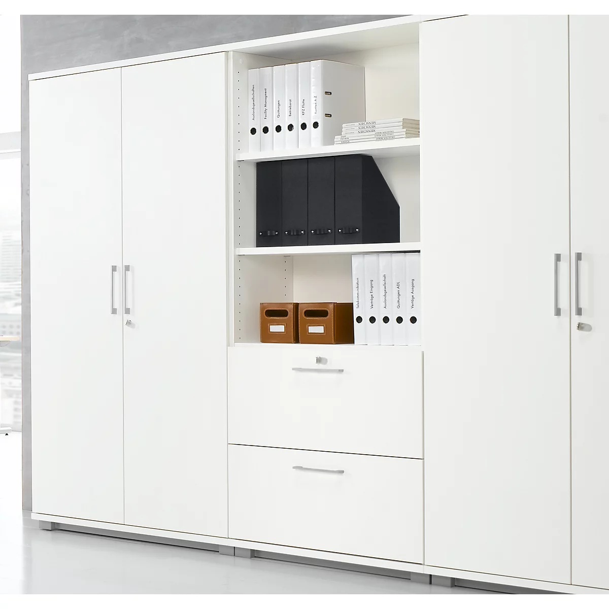 Schäfer Shop Genius Armoire combinée TETRIS WOOD, 5 HC, H 1910 mm, 2 tiroirs à dossiers suspendus, hauteur (patins inclus), gris clair