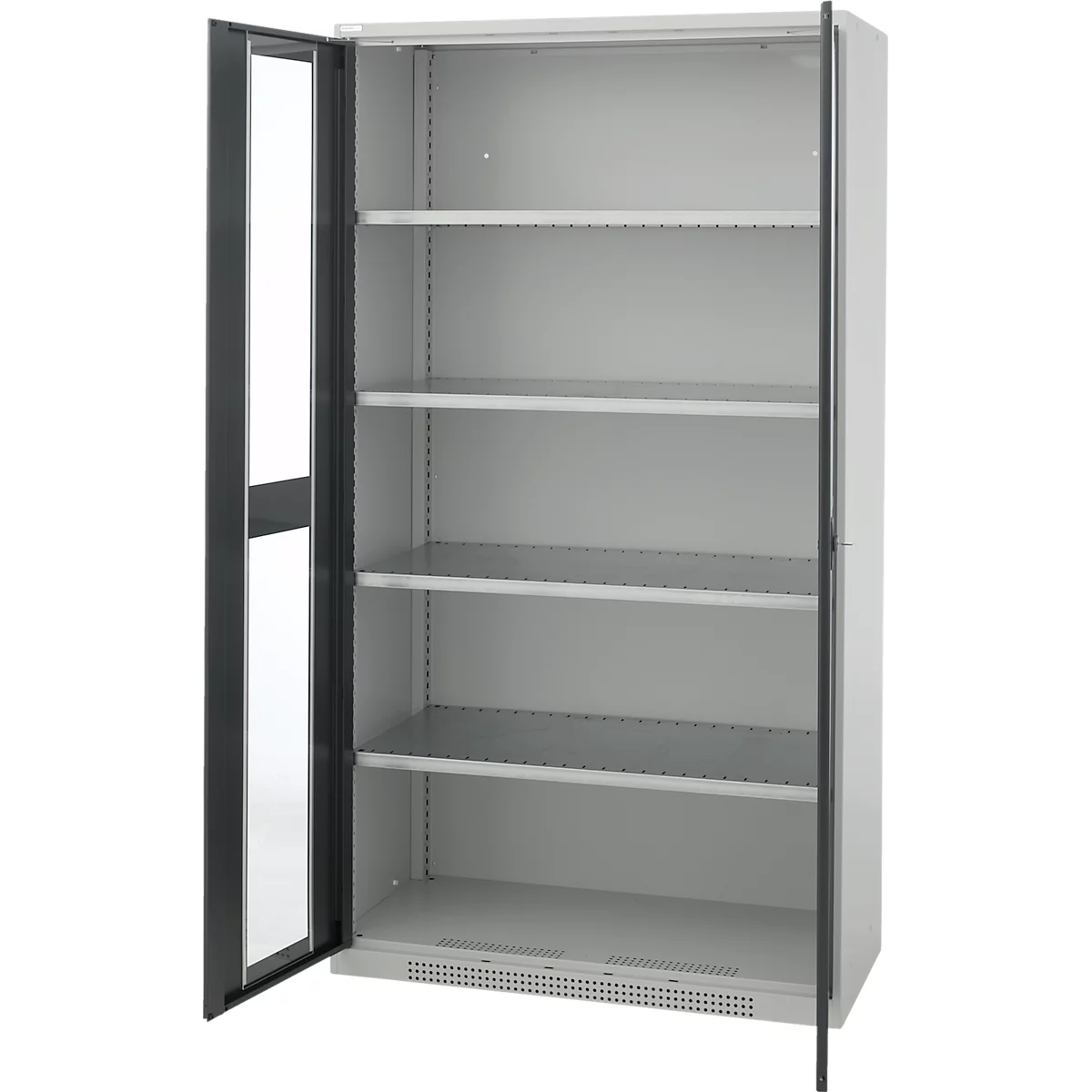 Une grande armoire métallique grise avec cinq étagères et une porte vitrée noire entrouverte.