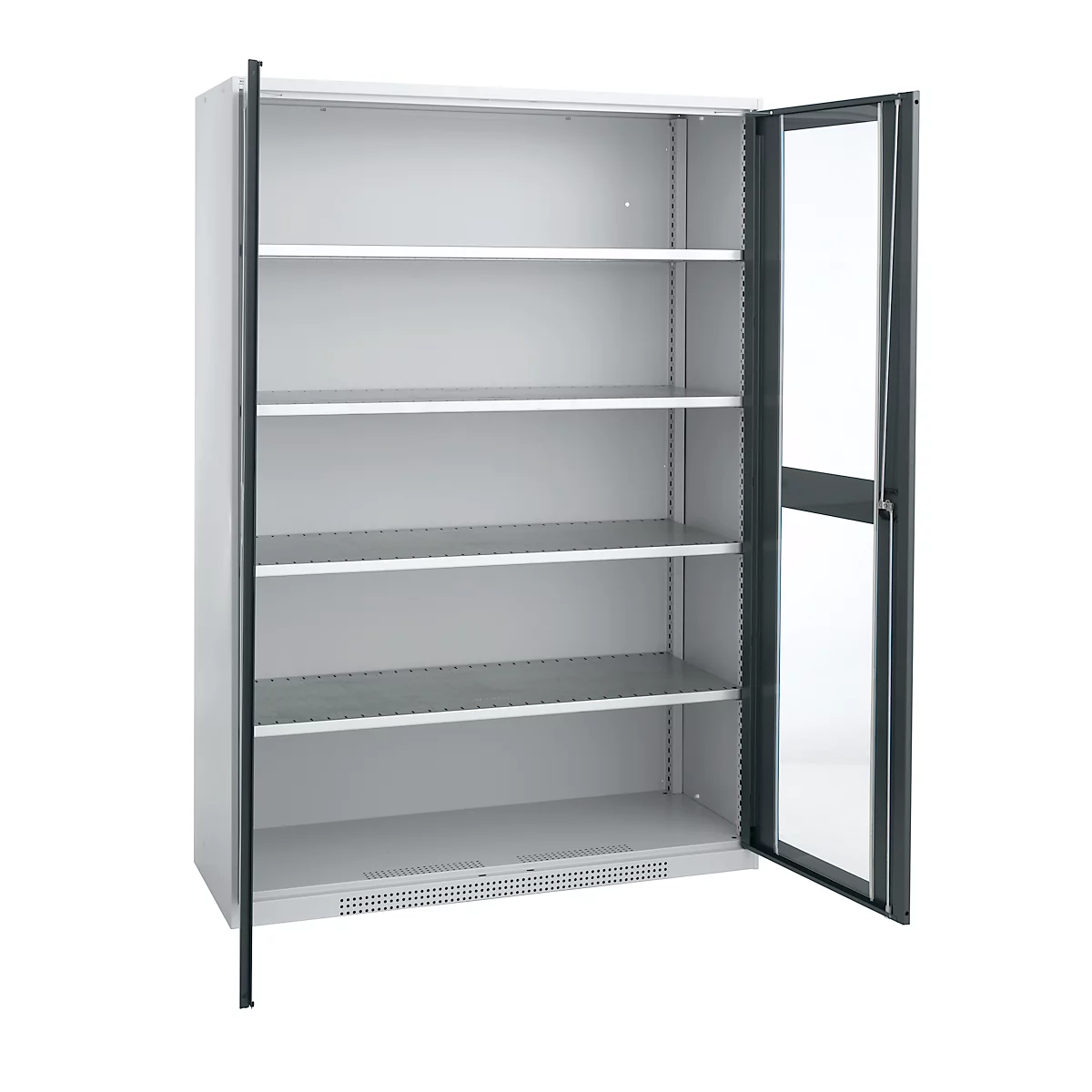 Schäfer Shop Genius Armoire en acier FS, en tôle d'acier, avec fenêtre d'inspection, trous de ventilation, L 1343 x P 620 x H 1950 mm, 5 HC, jusqu'à 750 kg, alu blanc/gris clair