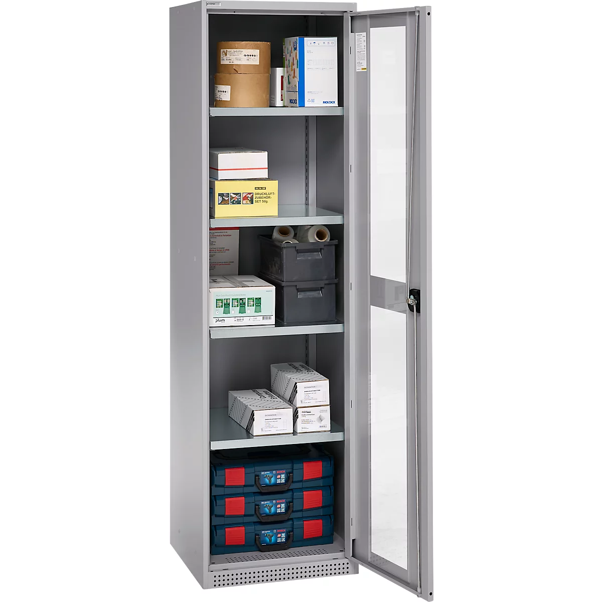 Schäfer Shop Genius Armoire en acier FS, en tôle d'acier, avec fenêtre d'inspection, trous de ventilation, L 545 x P 520 x H 1950 mm, 5 HC, jusqu'à 250 kg, alu blanc/alu blanc
