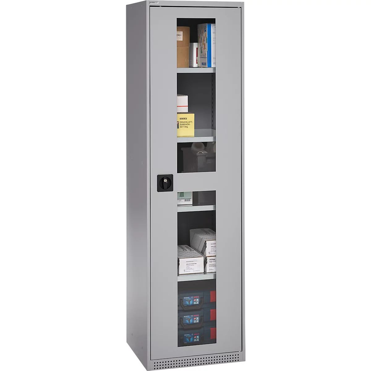 Schäfer Shop Genius Armoire en acier FS, en tôle d'acier, avec fenêtre d'inspection, trous de ventilation, L 545 x P 520 x H 1950 mm, 5 HC, jusqu'à 250 kg, alu blanc/alu blanc
